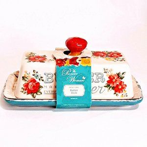 Pioneer Woman Butter Dish Vintage Floral Red Yello